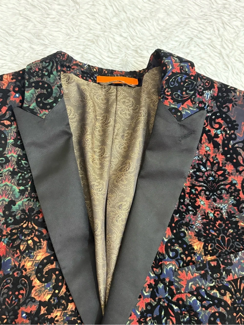 TALLIA Black Velvet Floral Print Peak lapels felt undercollar Sport Coat 50R